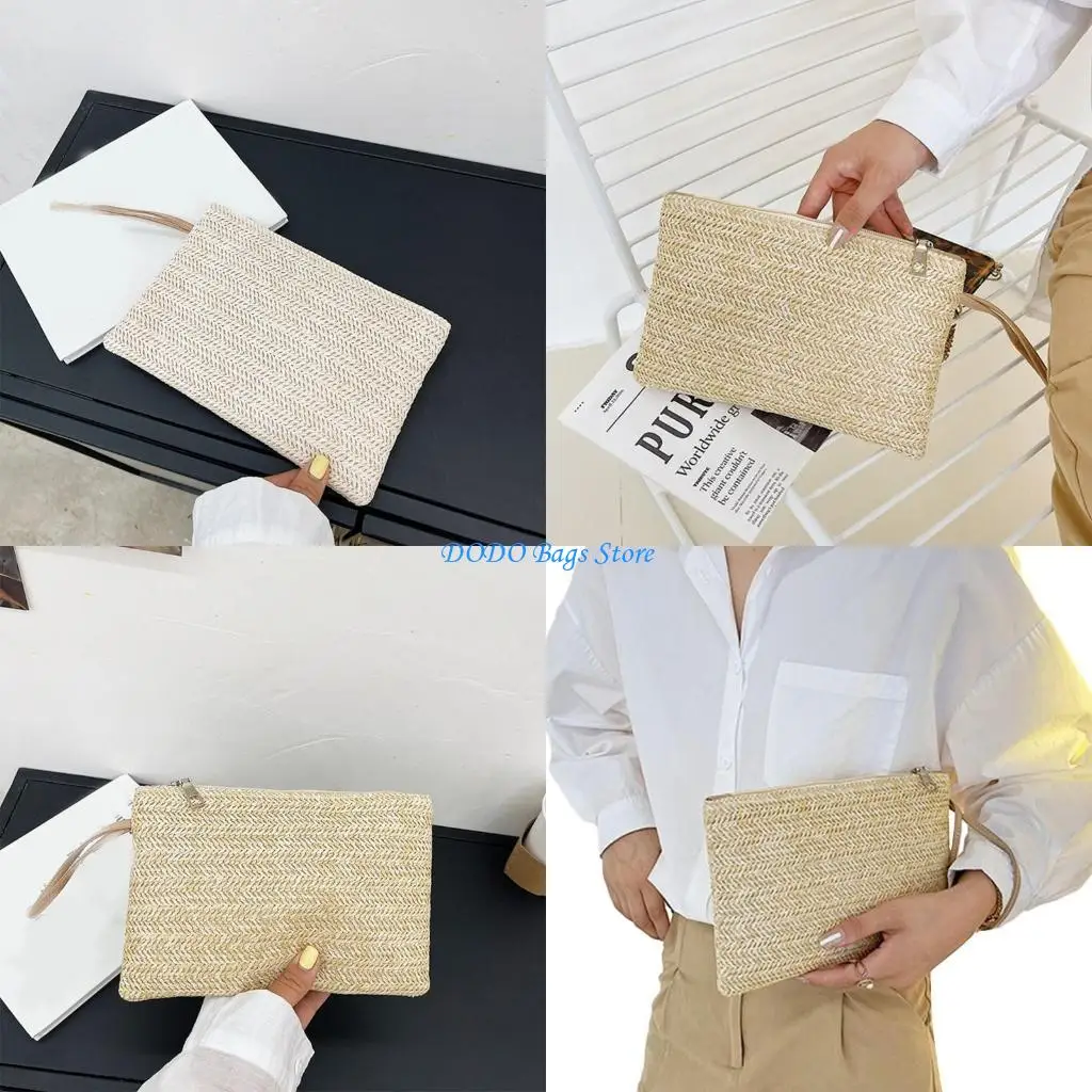 

Women Hand Wrist Type Straw Clutch Bag Weaving Bag Bohemian Summer Beach Sea Handbag Wristlet Bag Purse Zipper Wristlet