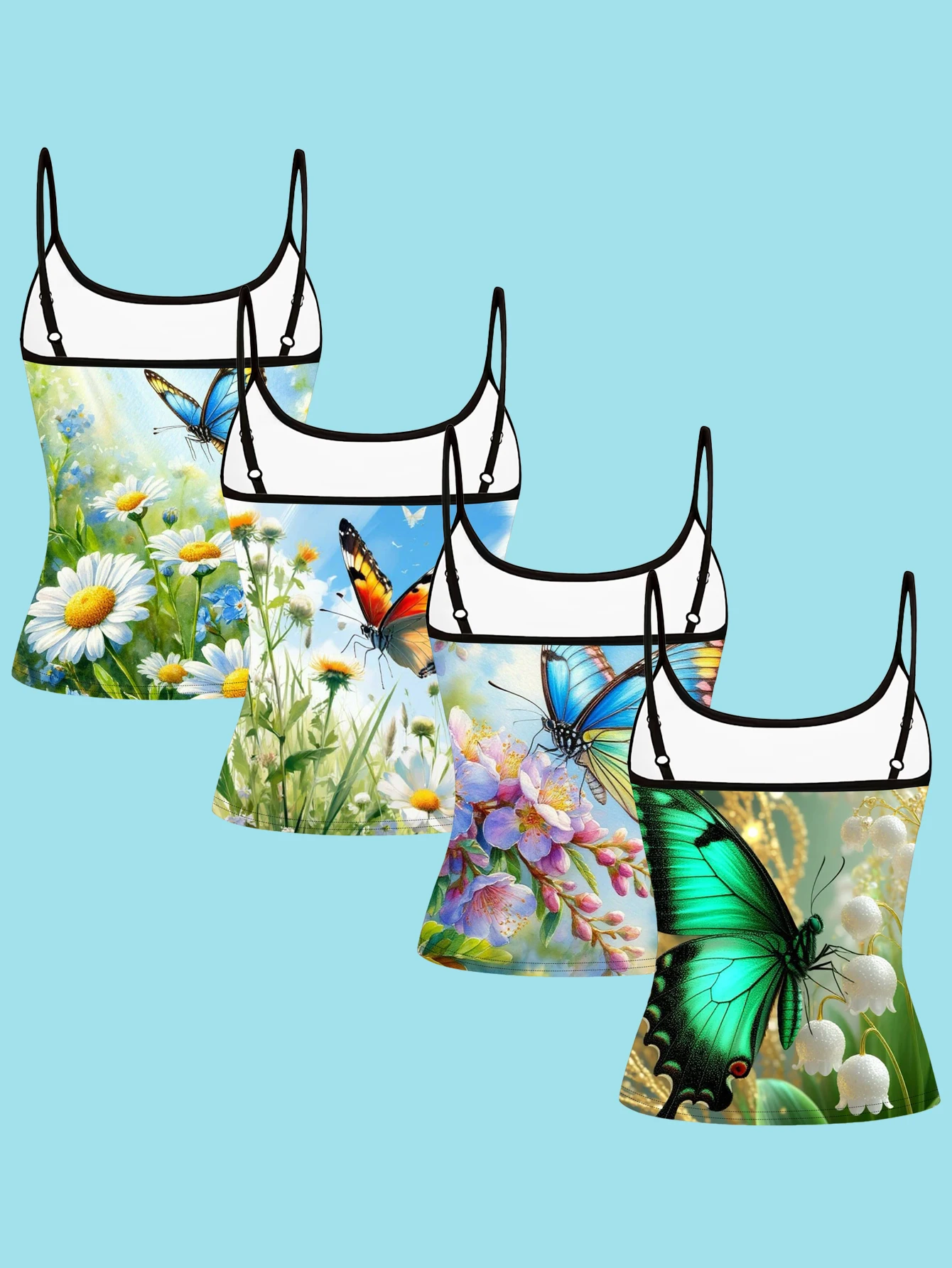 4-Piece Set of Realistic Watercolor Large Butterfly Wildflower Daisy Lily of the Valley Print Camisole for Women, Blue Morpho Monarch Butterfly Swallowtail Butterfly Fresh Summer Spaghetti Strap Waist-Cinching Slim-Fit Base Top, Cross-Border Picnic Outing Outerwear Camisole