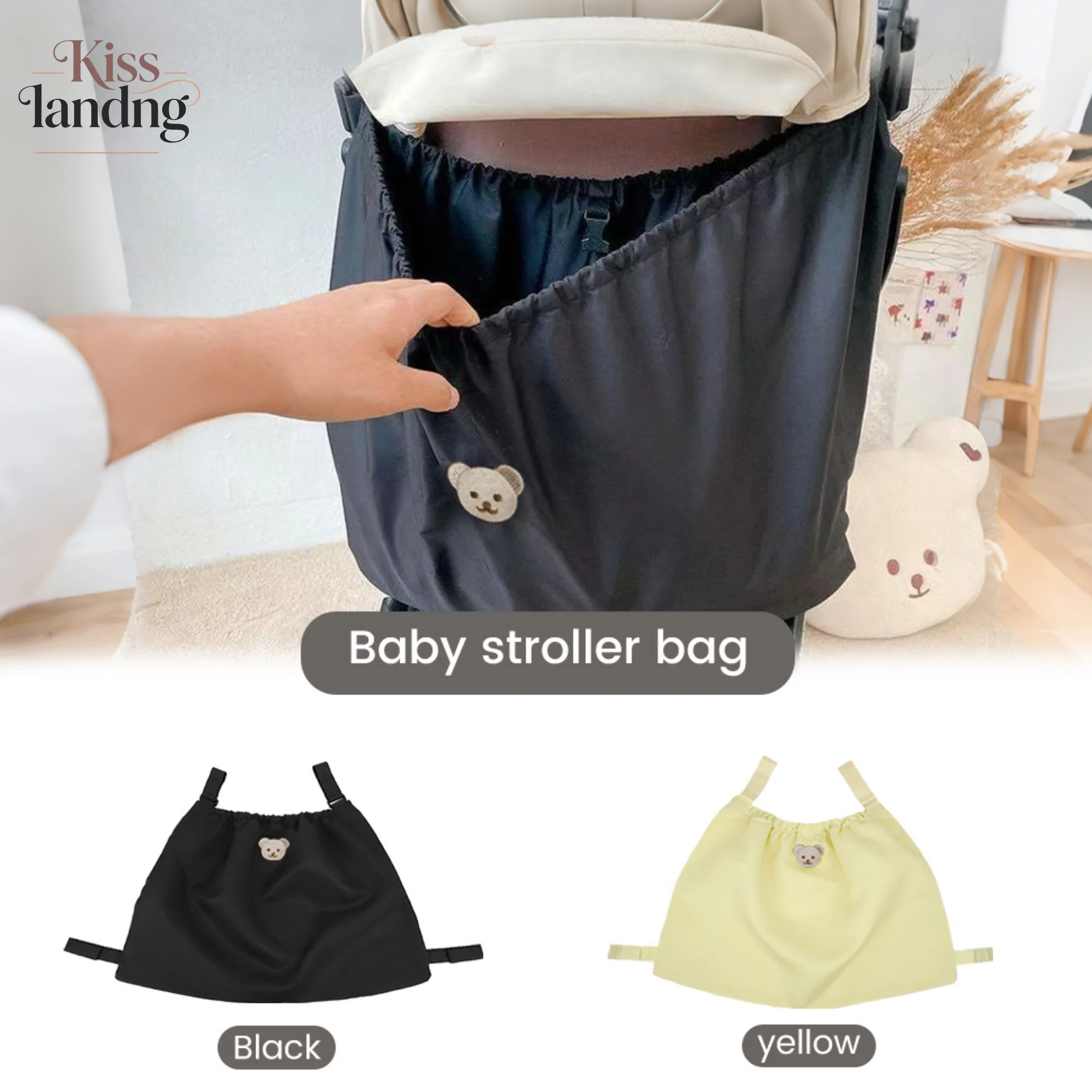 Cute Bear Baby Stroller Storage Bag | Universal Organizer Pouch for Diapers, Toys, Essentials, Black/Yellow