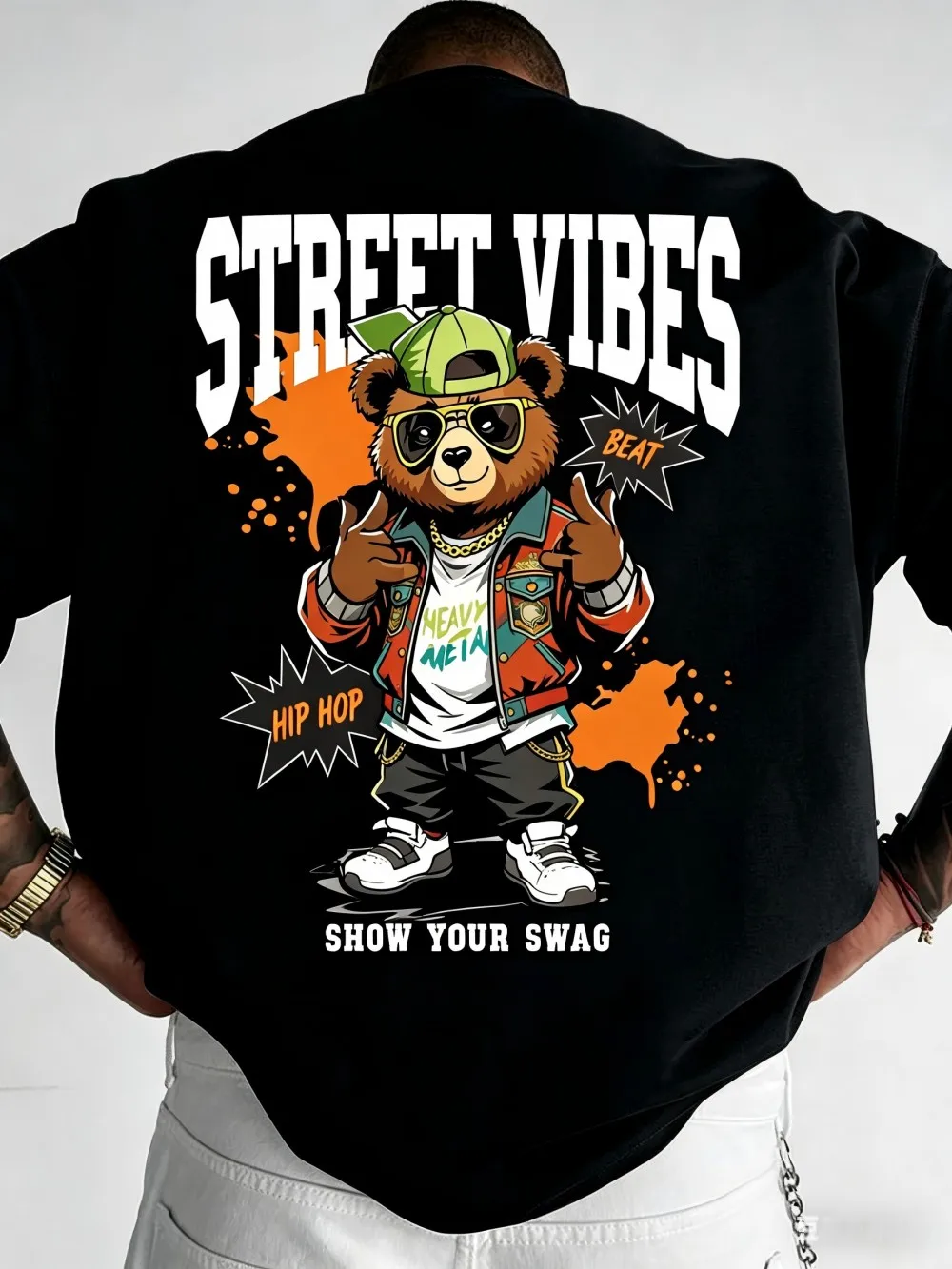 European and American Men's Summer Cool Teddy Bear Letter Print Micro Elastic Breathable Round Neck T-Shirt Outdoor Casual Top