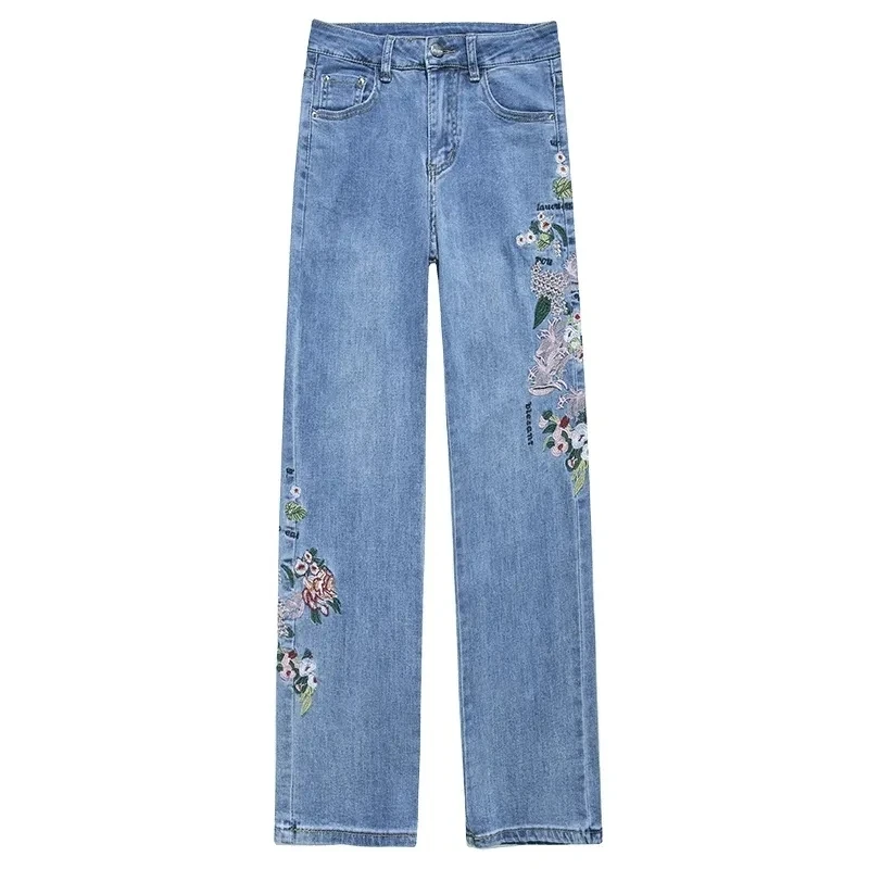 2025 ricamo Jeans donna Jeans dritti primavera ed estate pantaloni in Denim sottile Jeans donna a vita alta pantaloni larghi da donna