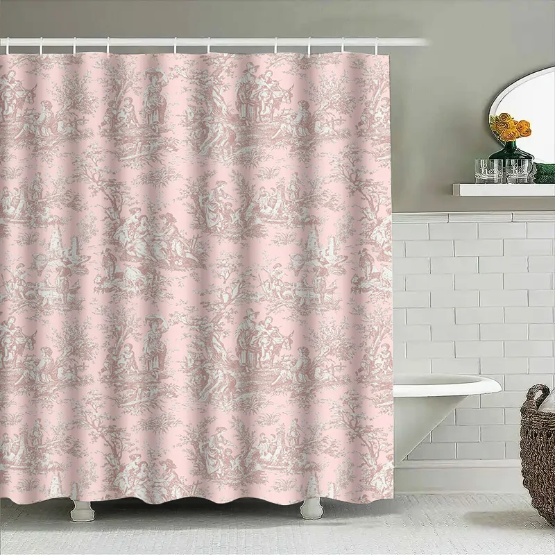 Toile de Jouy دش الستار الوردي الكلاسيكي الفرنسي البلد نمط حمام ديكور ديكور المنزل نسيج مقاوم للماء زينة الحمام