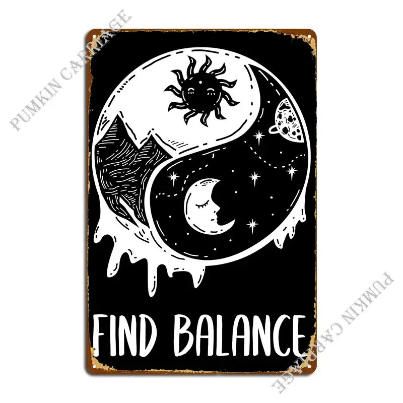 Panneau métallique Ying Yang « Find Balance » pour décoration murale de salon, affiche en étain au design original pour fête