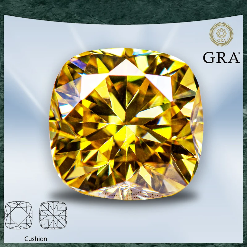 

Moissanite Stone Cushion Cut Golden Yellow Color VVS1 with GRA Certificate for Gemstone Charms Advanced Jewelry Making Materials