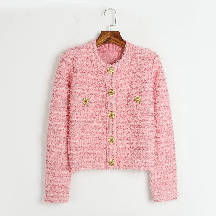 

Elegant Socialite Style Short Tweed Jacket, Chic Round-Neck Top with Metal Buttons, Slim-Fit and Youthful Design