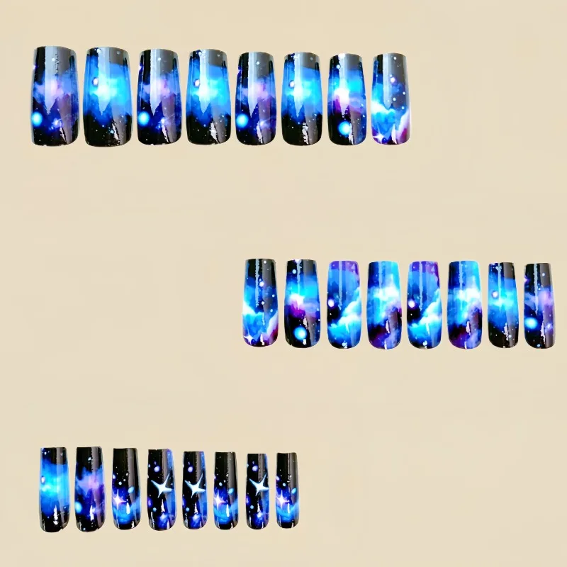 24 Pcs Fake Nails with Glue Long Press on Nails with Charms Colorful Dragon Gradient Nail Tips Cloudy Starry Sky Square Black