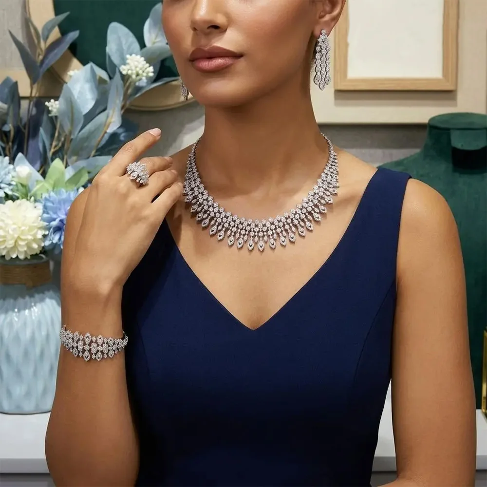 Luxury 4Pcs Bridal Jewelry Set Elegant Zircon Fringe Tassel Design Wedding Accessories for Women Party Wear