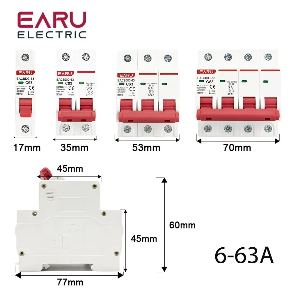 DC 1000V 1P 2P 3P 4P Solar Mini Circuit Breaker Overload Protection Switch6A~63A/80A 100A 125A MCB for Photovoltaic PV System