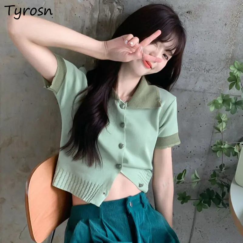 T-shirts Women Sweet Panelled Slim Knitting Retro All-match Daily Korean Style Leisure Fashion Simple Design New Students Summer