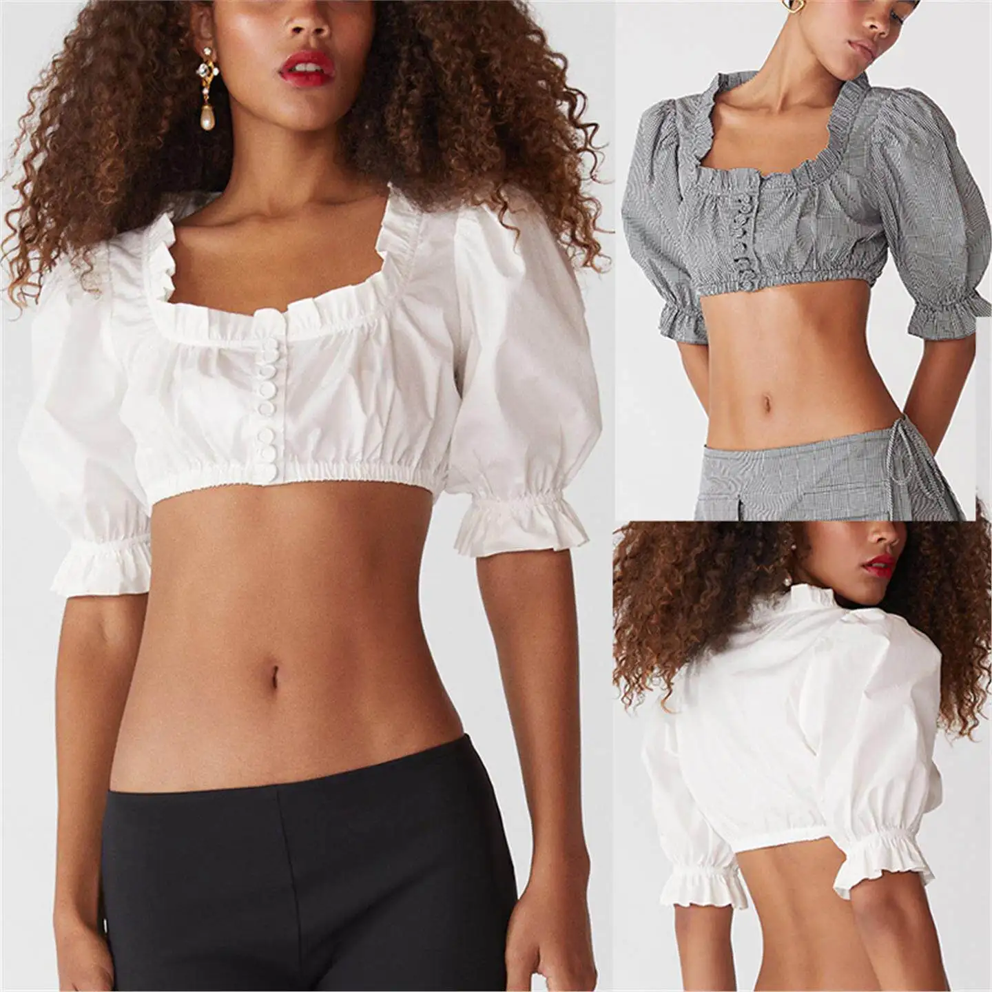 Sexy Crop Top Women's Casual Shirt Wooden  Decoration Buckle Belly Button Exposure Bubble Sleeve Short Length PU Material