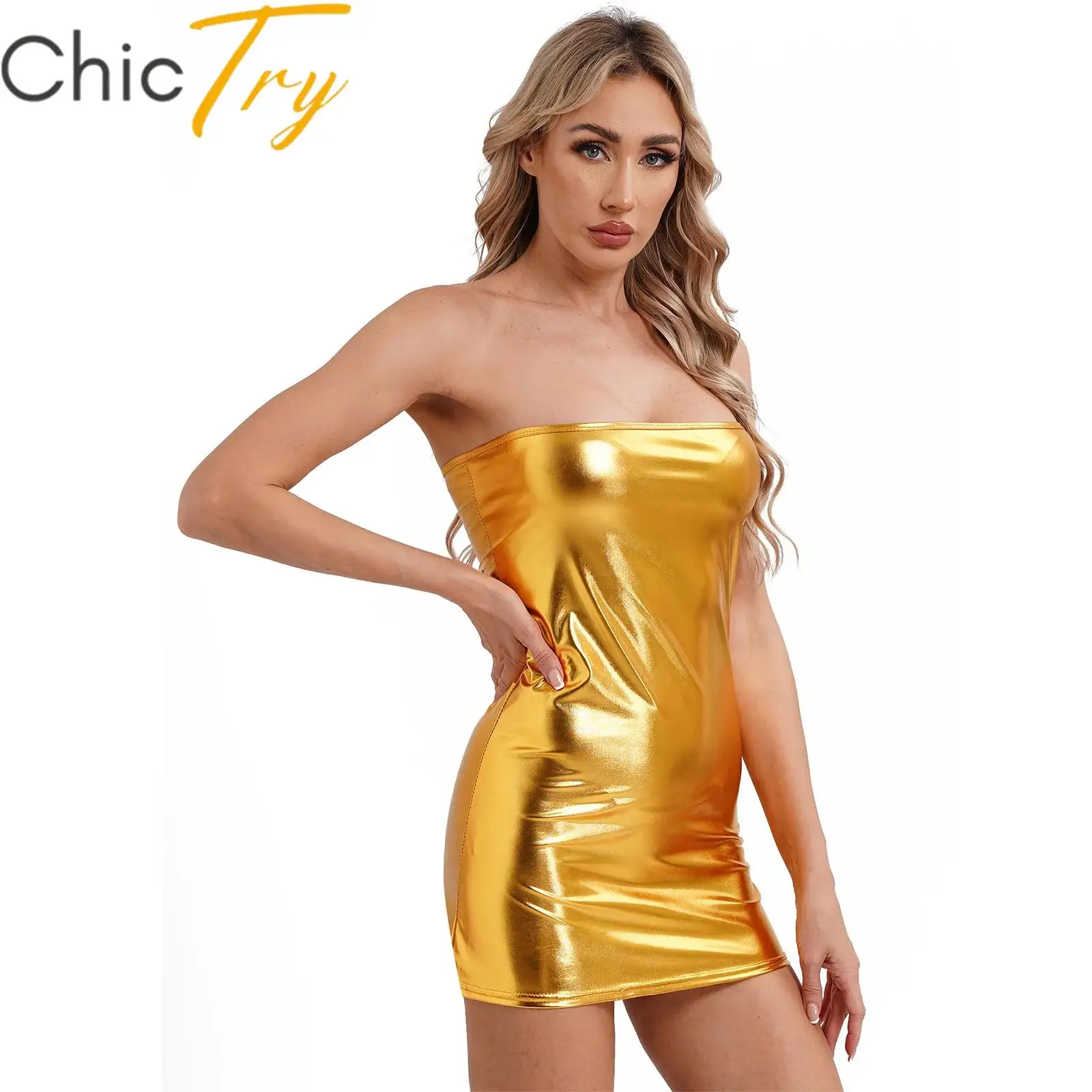 

Womens Metallic Bodycon Dress Strapless Mini Dress Sleeveless Breast Wrap Club Party Pole Dancing Performance Carnival Costumes