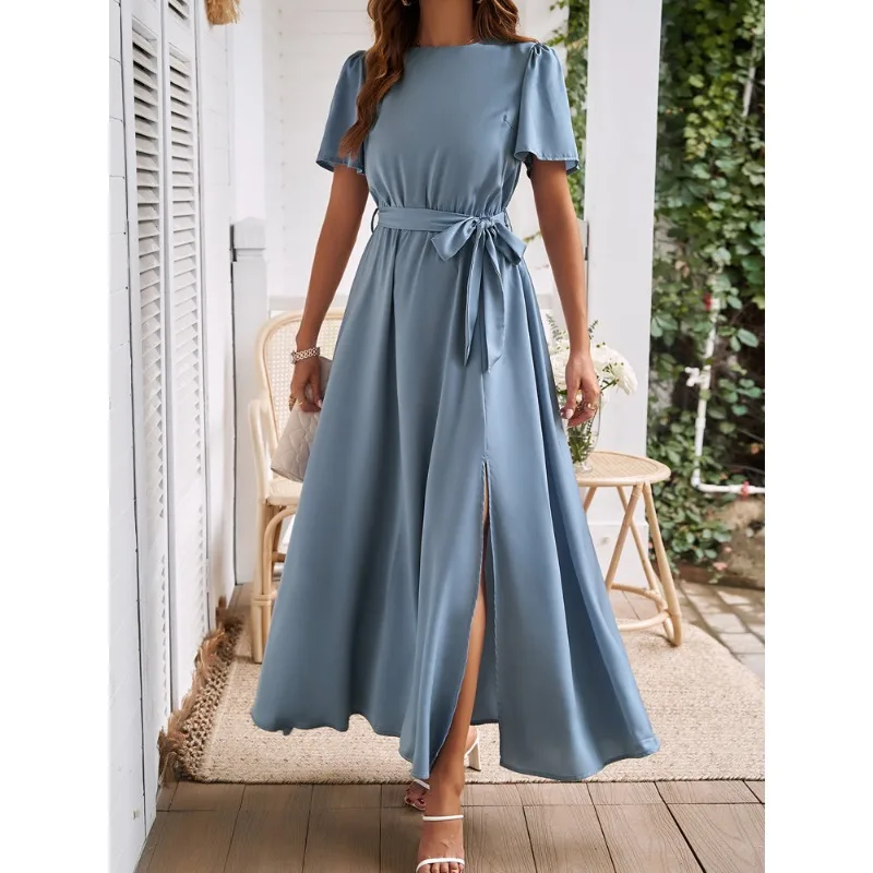 

2024 Summer Elegant Solid Lace Up Split Dresses for Women Clothes Temperament Commuting Women's Fashion Pullover A-line Dresses