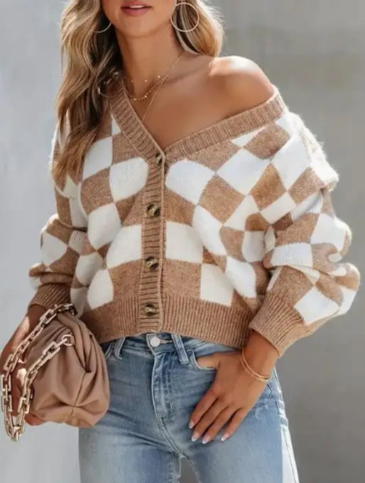 

V-Neck Classic Contrasting Checkered Cardigan Autumn Women's Casual Simple Loose Button Long Sleeved Knitted Cardigan Jacket