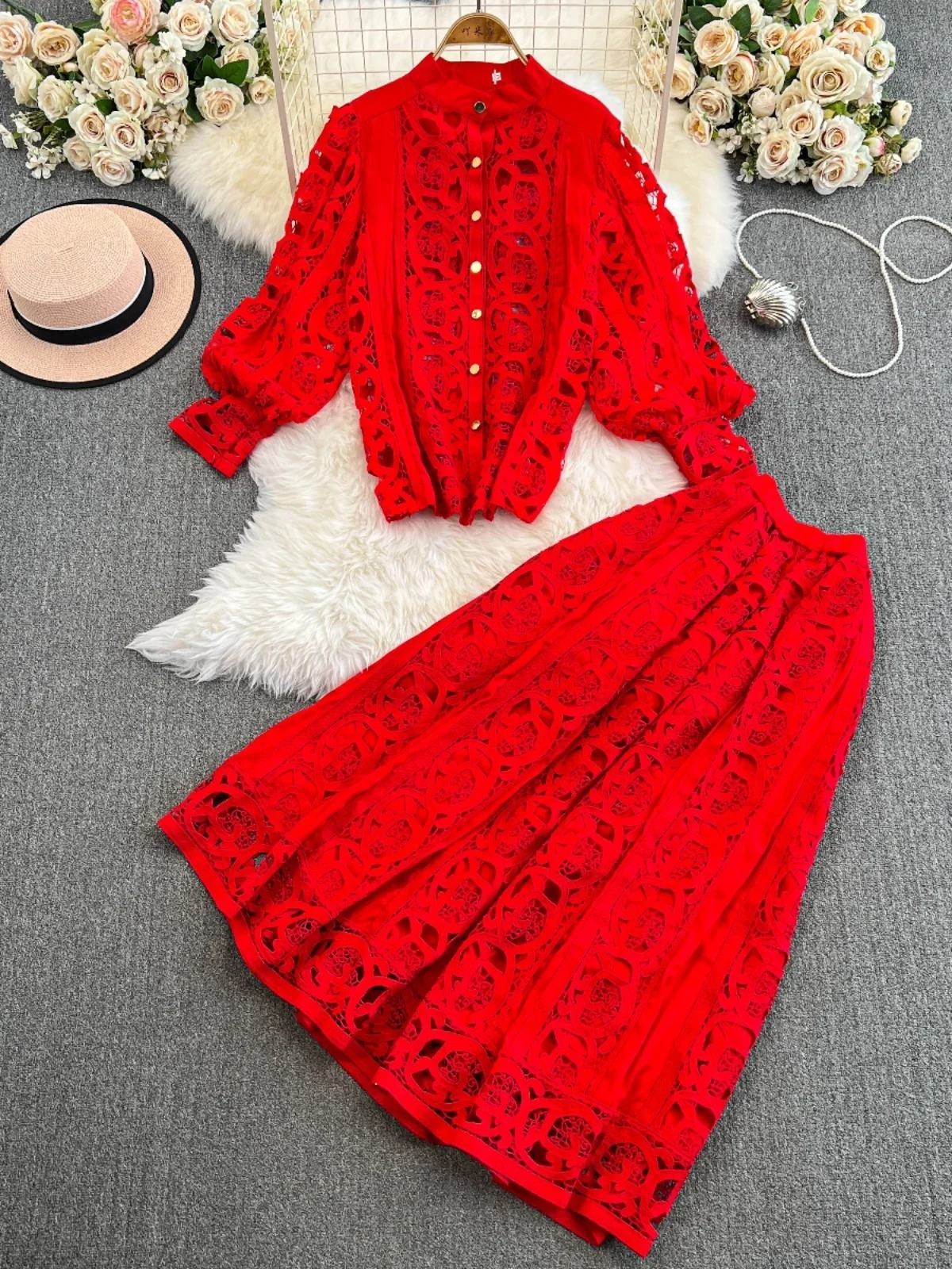 Fashion Autumn Lace Two Piece Dress Sets Women Flower Embroidery Shirts White Tops Midi Long Skirts Suits 2pcs Outerwear