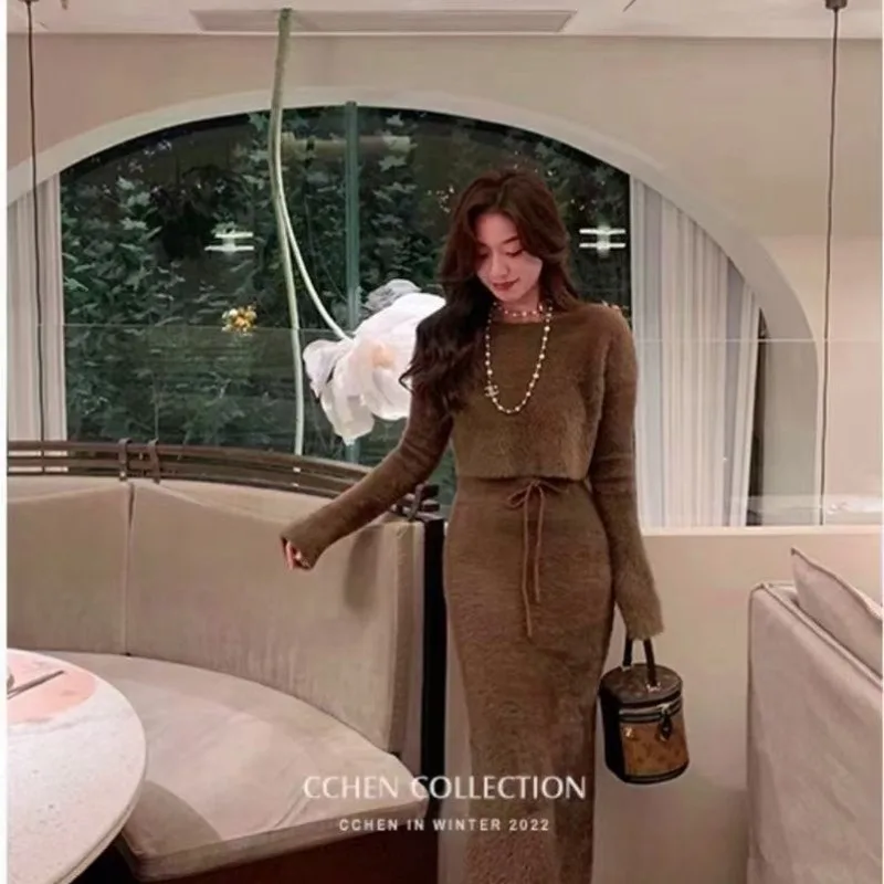 Kimotimo Temperament Knitted Skirt Sets Women Autumn Sexy Soft Short Sweater Pull Long Skirts Korean Solid Slim Two Piece Suits