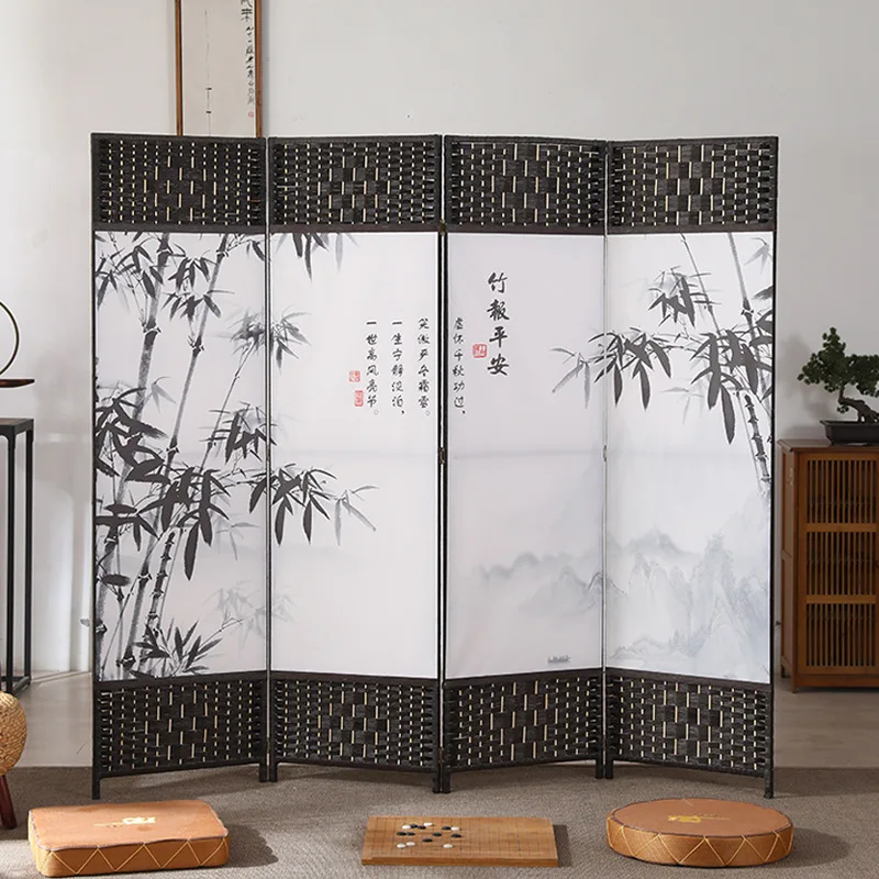 4-Panel Asian-Inspired Folding Room Divider with Cherry Blossom Tree & Bird Design Poetry Calligraphy and Brown Wooden Frame