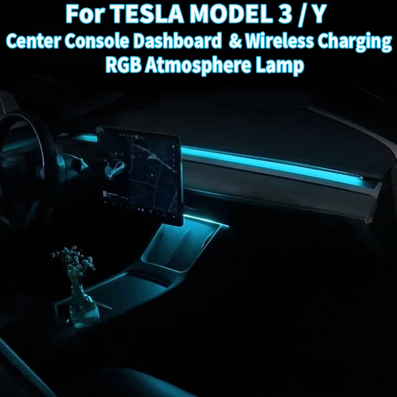 Center Console Dashboard Wireless Charging Light For Tesla Model 3 Y 64Colors RGB Neon LED Ambient Lamp USB Power APP Controller