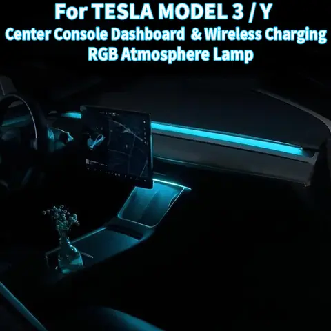 센터 콘솔 대시 보드 Tesla Model 3 Y 64 색상 용 무선 충전 라이트 RGB 네온 LED 주변 램프 USB 전원 APP 컨트롤러