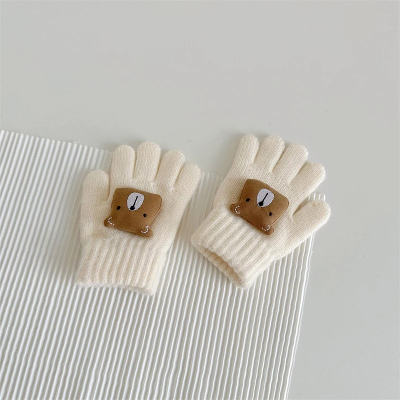 Bear Cute Baby Gloves Winter Warm Thicken Knitted Full Fingers Gloves for Boy Girl Solid Color Cartoon Kids Riding Mittens