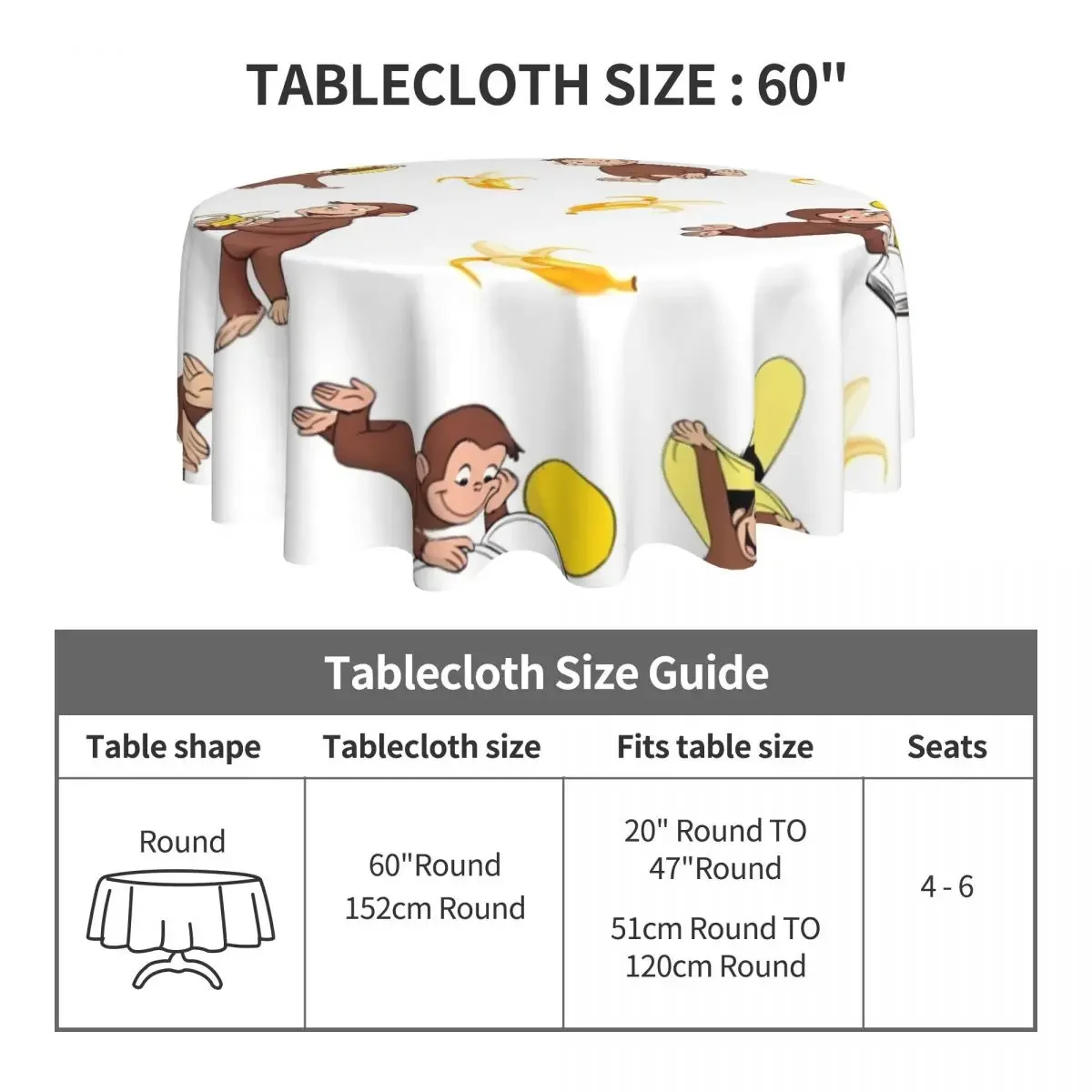 G-Georges The Curious Monkey Round Tablecloth Banana Cartoon Outdoor Table Cloth Retro Decor Home Dining Design Table Cover