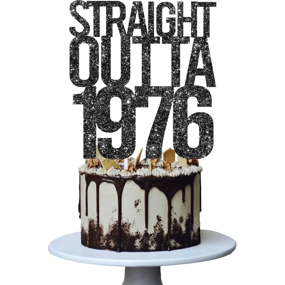 Straight Outta 1976 Cake Topper for 50th Men and Women Birthday Party Funny 50 and Fabulous Birthday Decoration Handmade Black