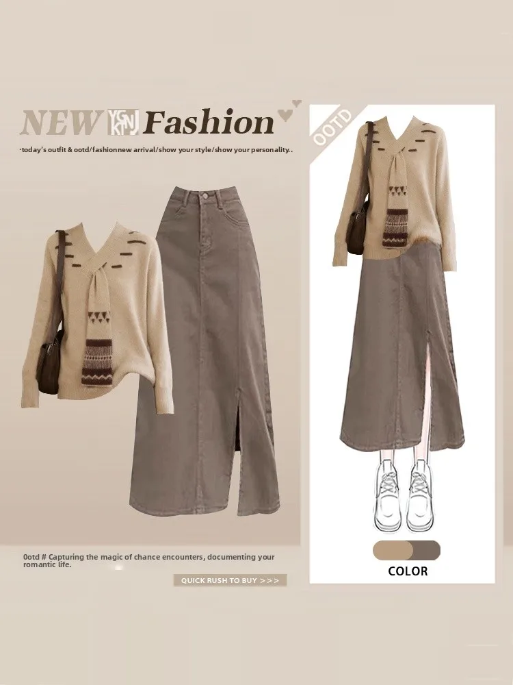 Korean Sle Knitted Scarf Two-Piece Set High Waist Asymmetrical Skirt And Sweater Color Blo Winter Faion Ensemble