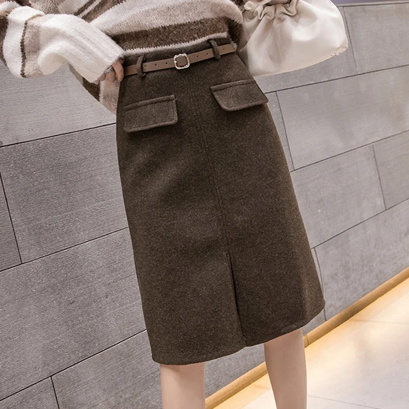 Woolen Winter Skirts for Women Slim High Waisted Elegant Midi Coffee Office Skirts Ladies Korean Fashion Warm Faldas Mujer