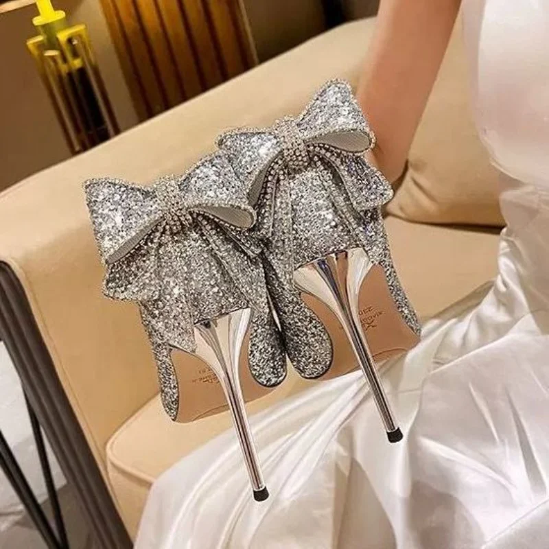 Comem Woman Silver High-heeled Sequin Dress Pumps Elegant Spring Rhinestone Bow Sweet Crystal Women's Shoe French Wedding Shoes