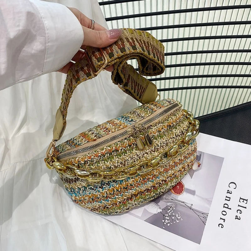 Aesthetic Straw Braid Striped Fanny Packs For Women Luxury Chain Waist Bag Female Woven Design Waist Pack Ladies Chest Bag 2023