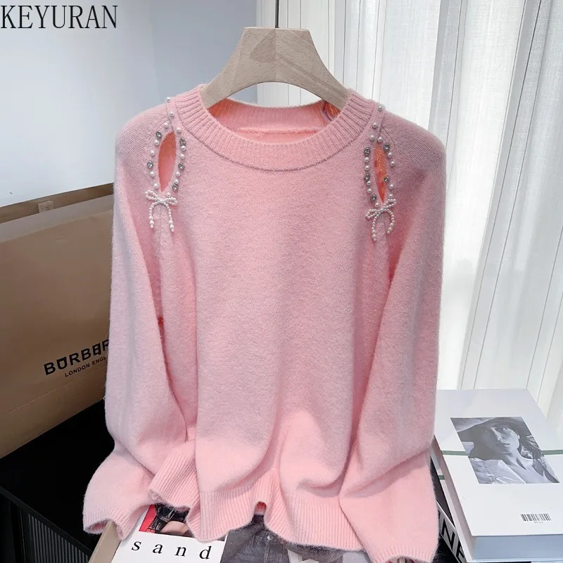 Otoño Invierno rebordear jerseys de punto mujeres suéteres moda coreana cuello redondo manga larga prendas de punto sólidas Tops Pull Femme Jumpers