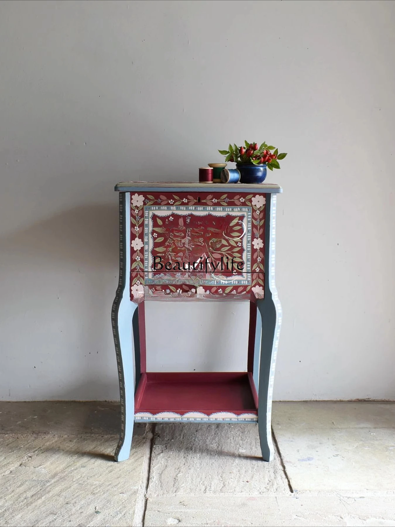 

French Retro Solid Wood Hand-painted Bedside Table American Style Bedroom Multi-functional Storage Cabinet Furniture