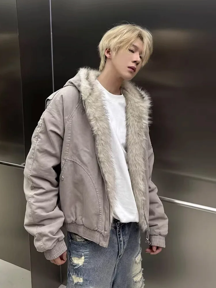 

American Retro Hooded Cotton Jaet Men's Winter Thiened Fce ort Coat Fur Collar Casual Workwear Jaet