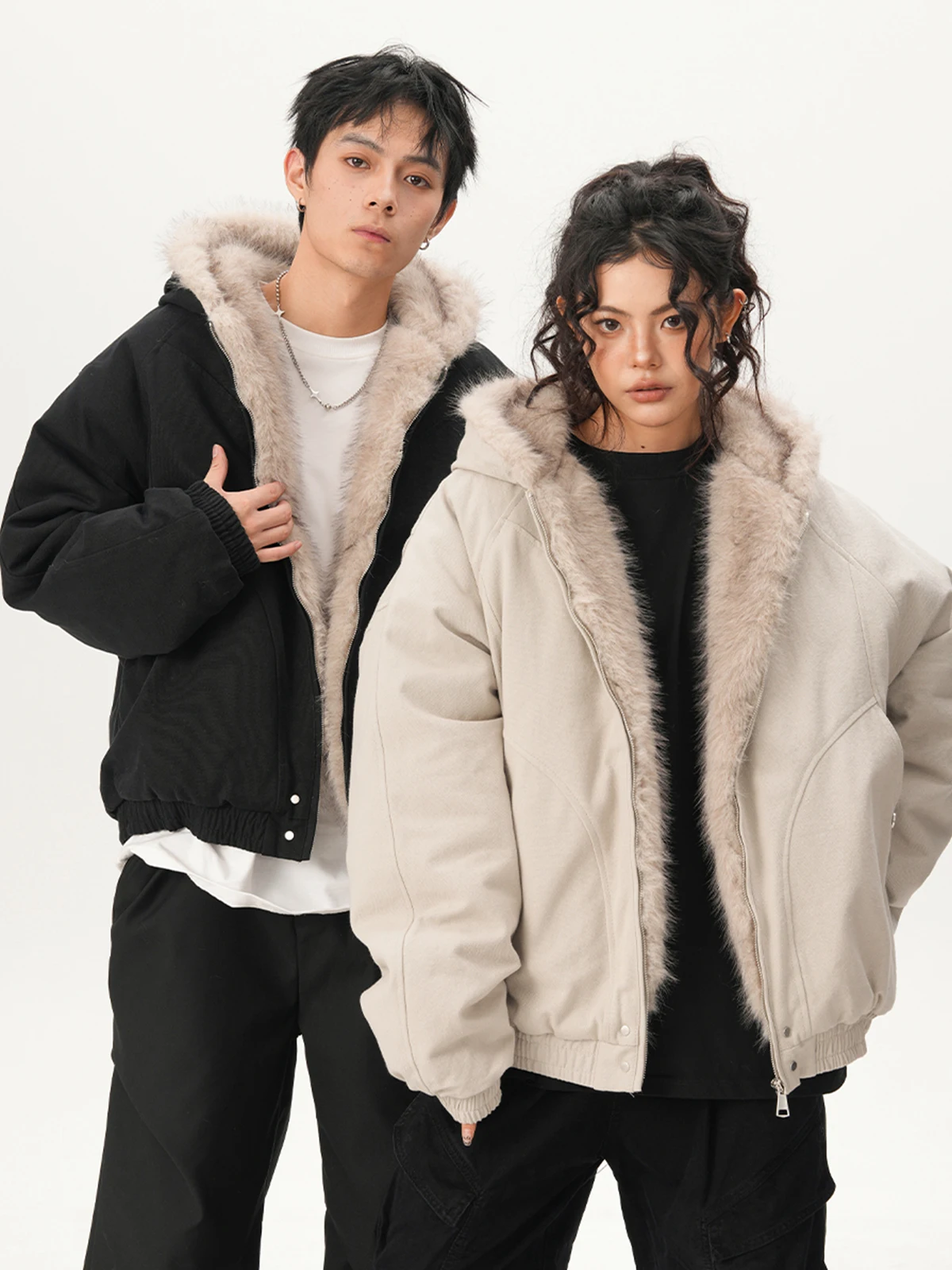 Winter American High Street Men's Fur Collar Black Hooded Cotton Jacket Couple Loose Fleece Thickened White Gray Short Parka
