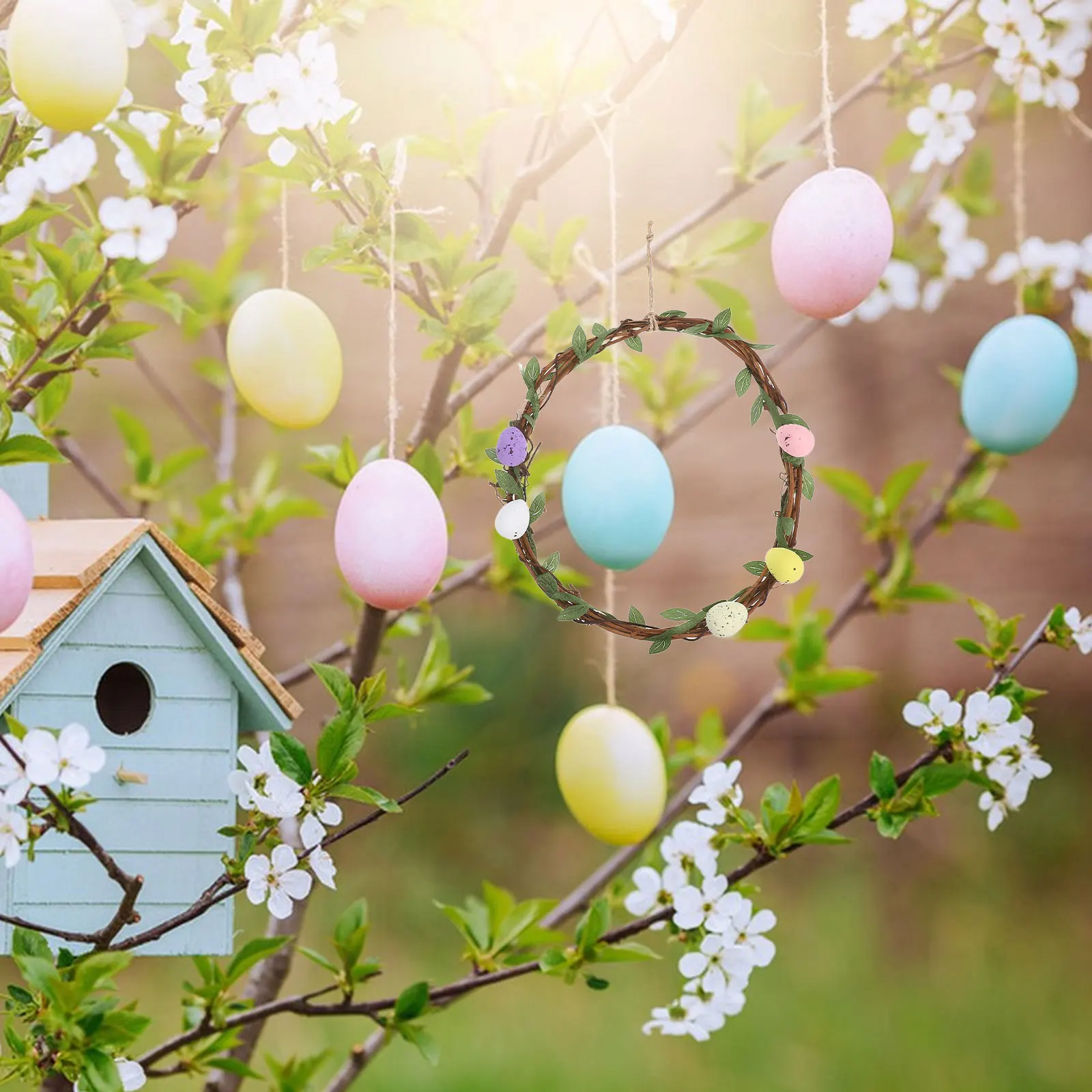 

Easter Vine Wreath Rattan Circle Colorful Eggs Flowers Door Hanging Home Decor DIY Spring Straw Form Berry Bell Gardening