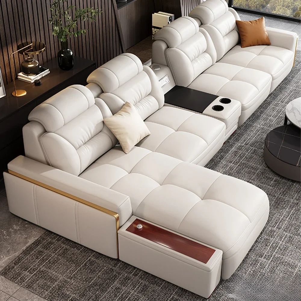 Premium Italian Genuine Leather Sectional Sofa Sets Couch Sofas with USB and Bluetooth Speaker - MANBAS Living Room Furniture