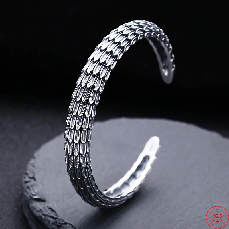 BOCAI S925 Sterling Silver Charms Bracelets for Men Antique Dragon Scale Pattern Fashion Punk Bangle Fine Choice Jewelry