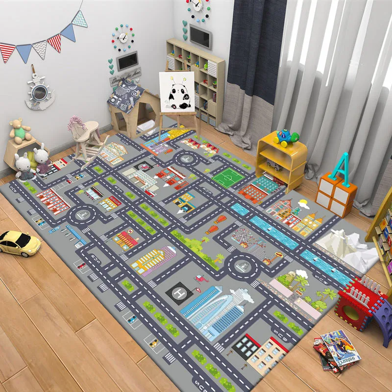Emergency Services City Play Rug Fire Police Hospital Map Print NonSlip Floor Mat for  Toy Car Decor