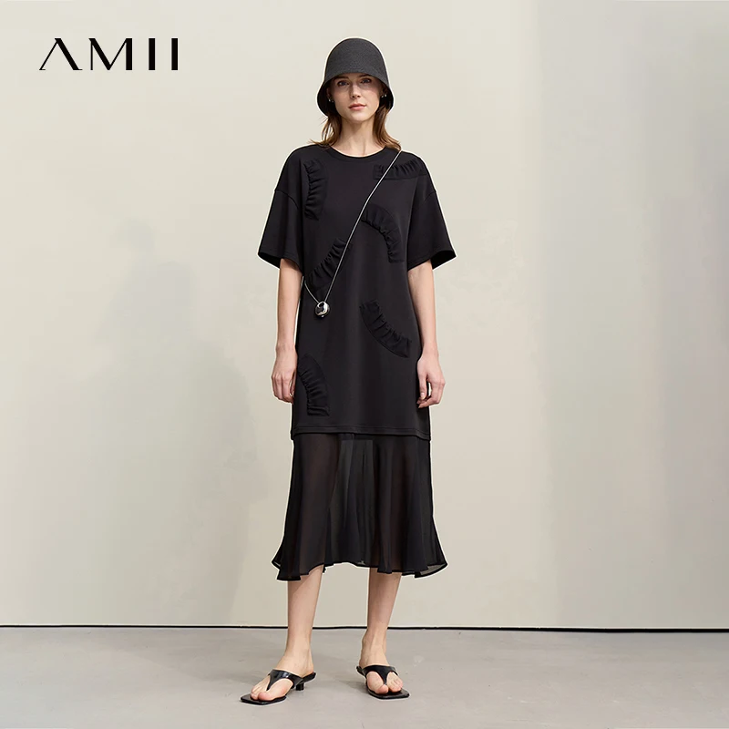 

Женское платье Amii 2026, летнее, новое, с круглым вырезом, со спущенным плечом, с коротким рукавом, шифоновое, в стиле пэчворк, повседневное, свободное, миди, 12622032