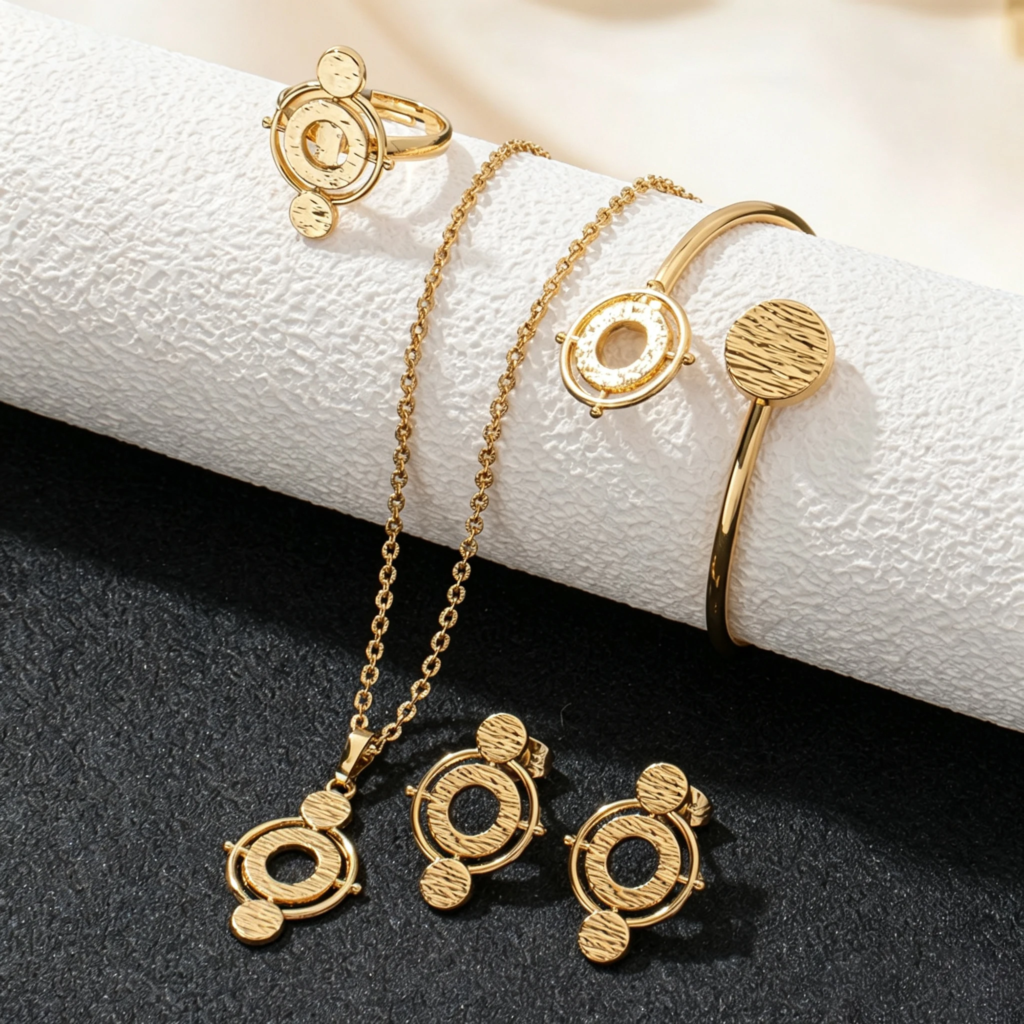 Geometric Circular Stainless Steel Small 4pcs Set Necklace Earrings Bracelet and Rings Jewelry Set for Women Daily Office Wear