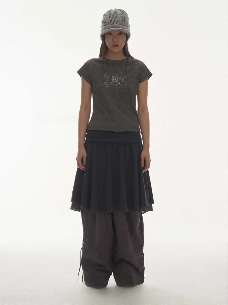 

Casual Double Layered Skirt with Flared Waist Design for Women Korean Sle High Waist Midi Skirt in Color