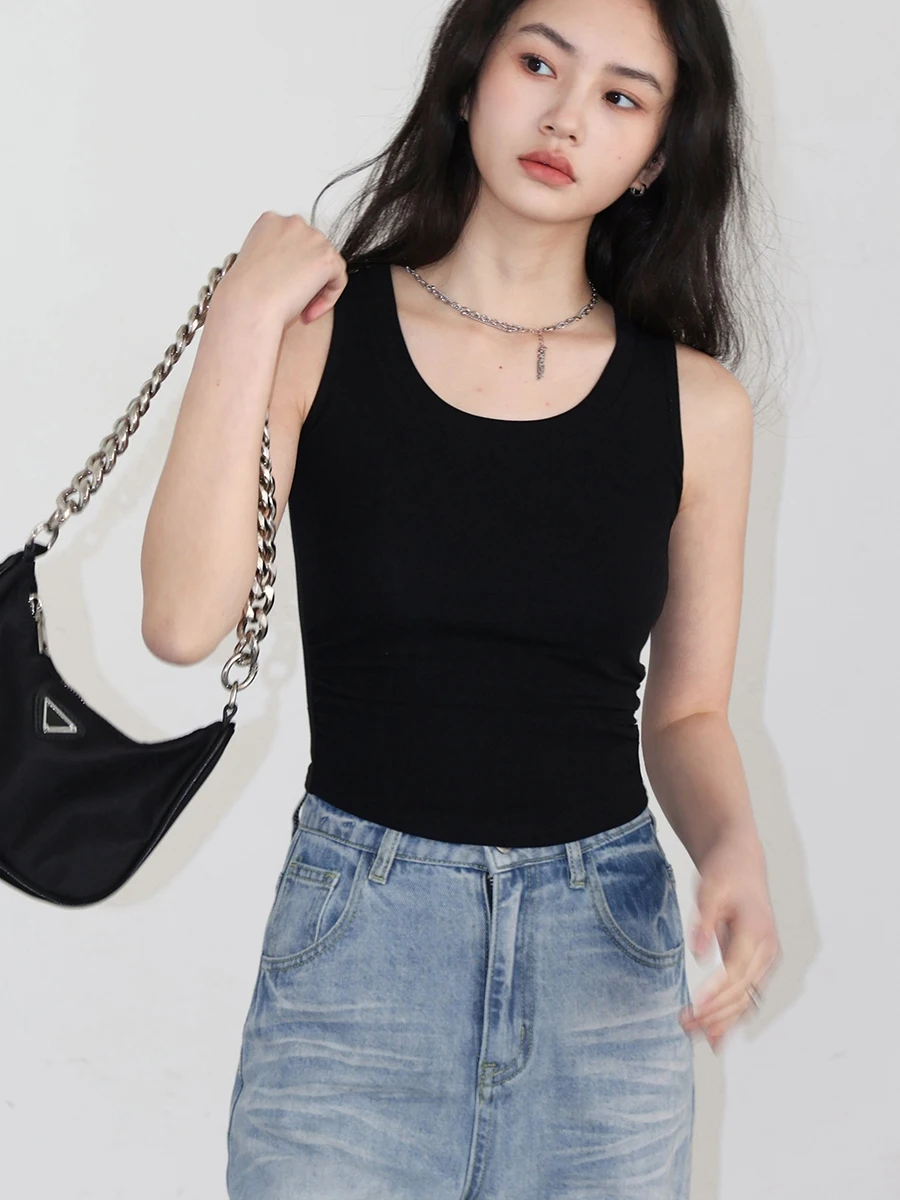 CHIC VEN Women Tanks New Solid Color Tees U-neck Pleated Vest Suspender Sleeveless Slim Female Top Spring Summer 2024