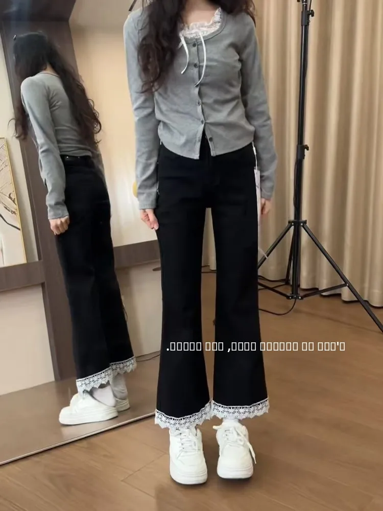 

Женские джинсы с широкими штанинами и кружевными вставками, с высокой талией, укороченные, эластичные, летние, из хлопкового стрейч-денима, фасон буткат