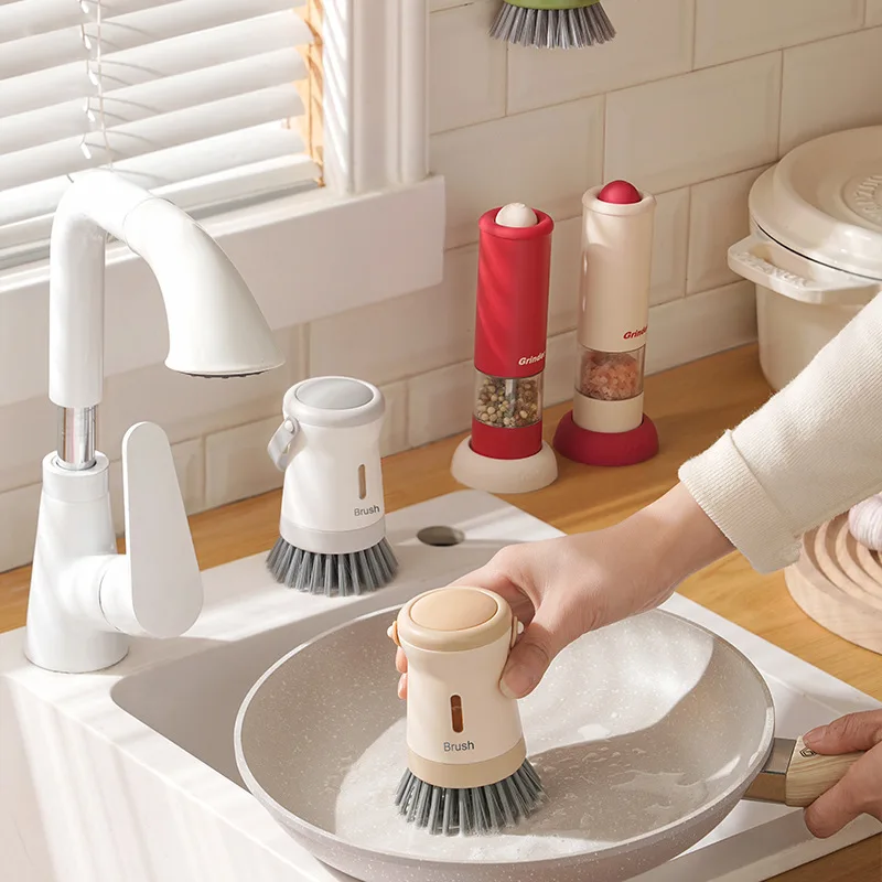 

Kitchen Multi-functional Squeezable Liquid Pot Kitchen Brush Kitchen Press Dish Pot Scrubber Suspension Storage Design