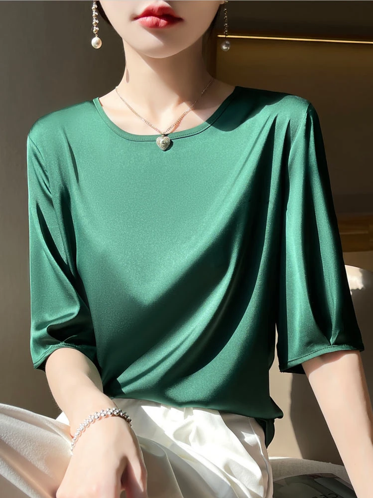 White New Satin Round Neck Women's Shirt Commuter Versatile Medium Sleeve Shirt Minimalist Office Shirt Women's roupas feminina