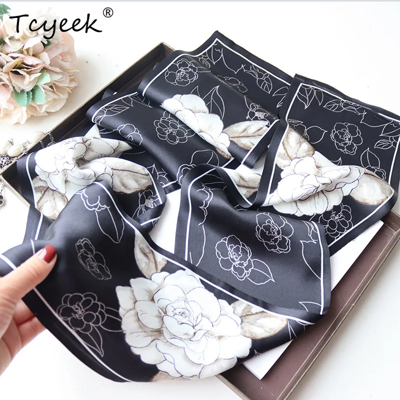 

Tcyeek 100%Real Silk Floral Print Scarf Women 2024 Spring Autumn Fashion Luxury Scarf Mom's Gift Long Ribbon A41146QM