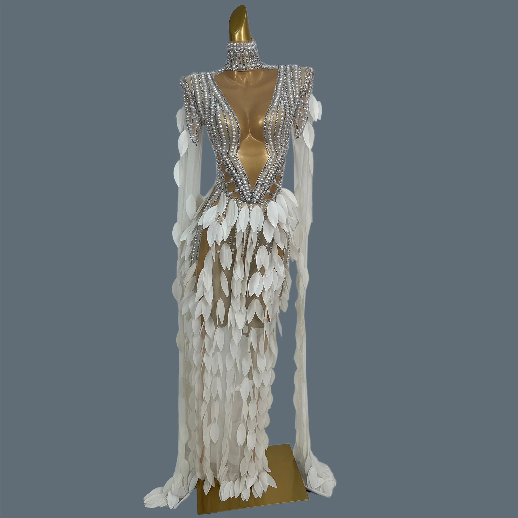 

Festival Celebrate Club Stage Performance Wear Party Sexy Showgirl Long Sleeves Dress See Through Mesh Pearls White Dress change