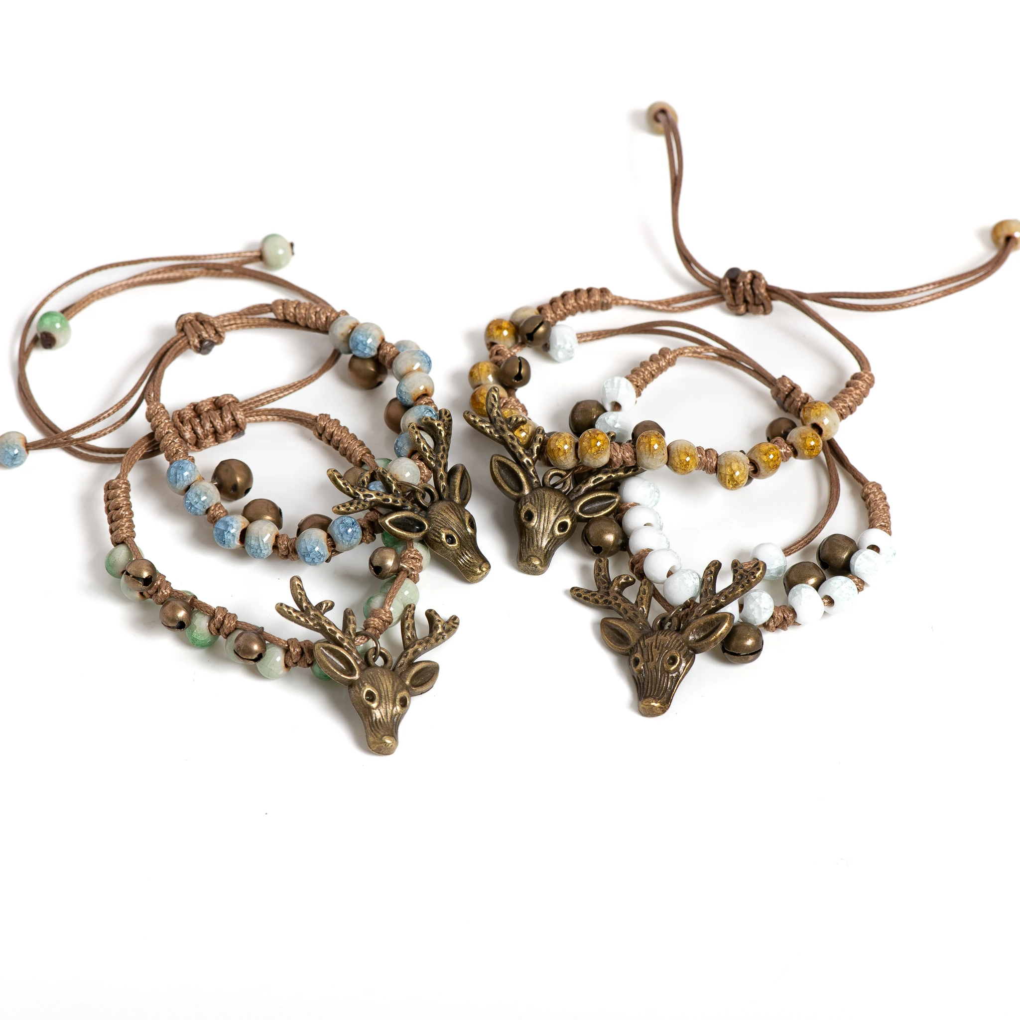 Adjustable Deer Head Ceramic Bracelet Vintage Crackle White Beads Handmade Wax Cord Jewelry pulseras en pareja 168