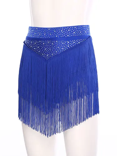 Imagen 2 del producto Traje de danza del vientre latino con flecos para mujer, falda con borlas escalonadas y diamantes de imitación brillantes, Samba Rumba Cha-cha, actuación de danza del vientre