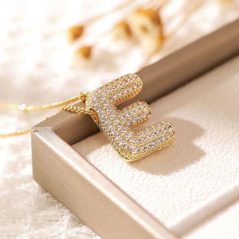 Yupsk Fashion Micropaved Zirconia Chunky 26 Letters Initial Necklace for Women Men Gold Color Bubble Alphabet Necklaces Gift image 5