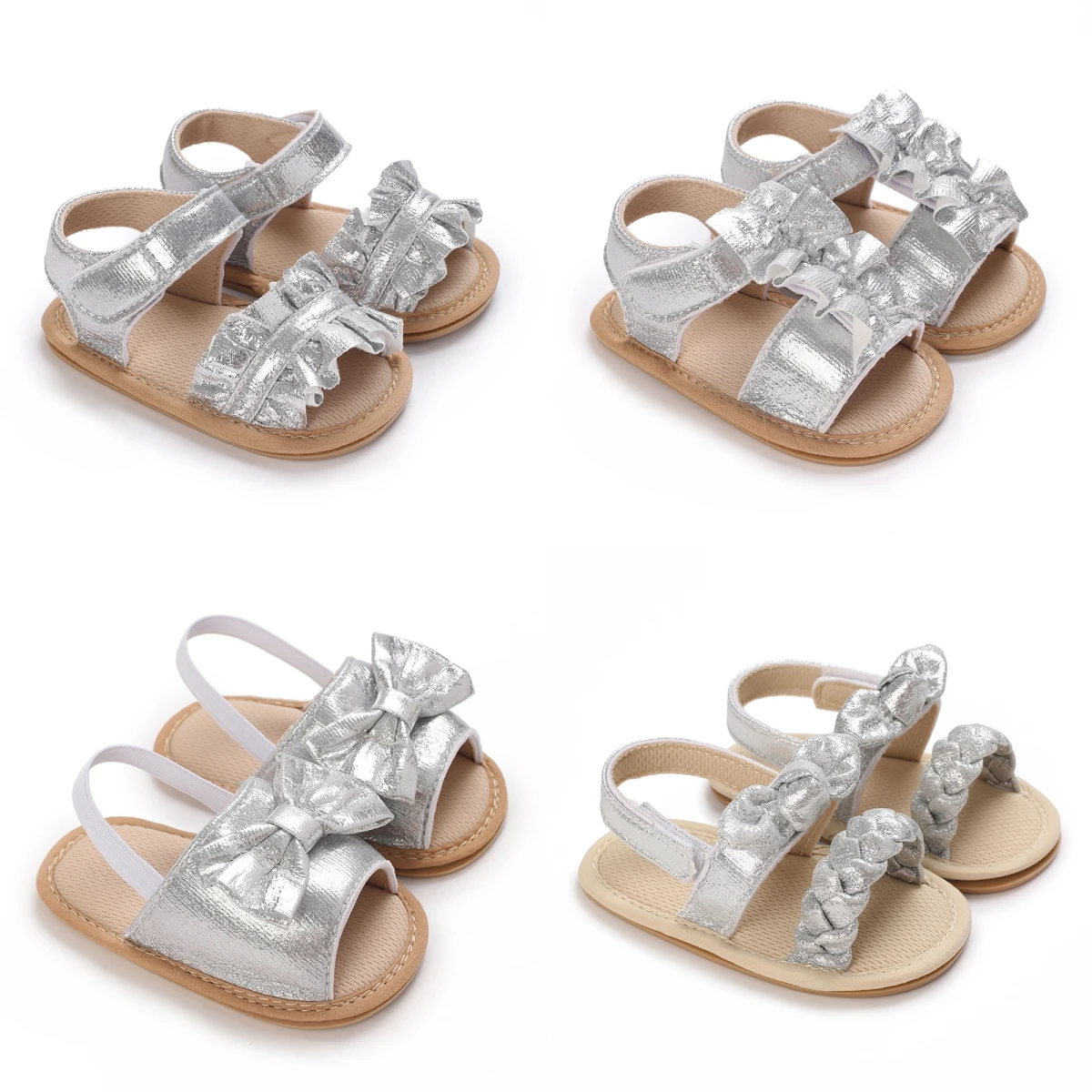 0-18M Baby Summer New Sandals for Girls Silver Non slip Rubber Soft Sole Flat Shoes First Walking Shoe